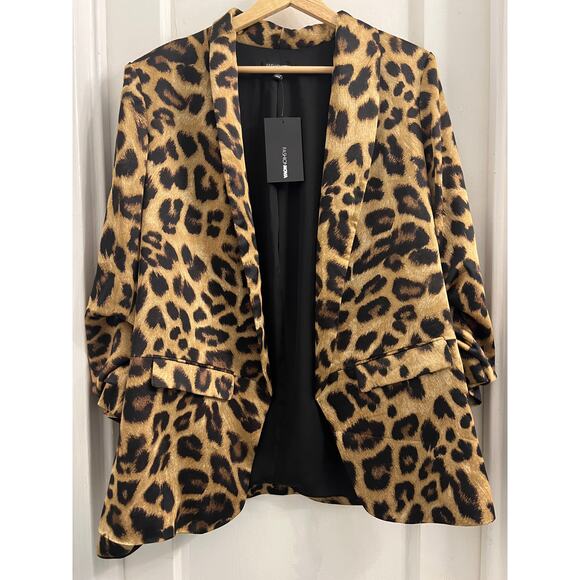 Fashion Nova Satin Ruched Sleeve Leopard Cheetah Print Drapey Blazer Jacket, XL - Picture 2 of 6